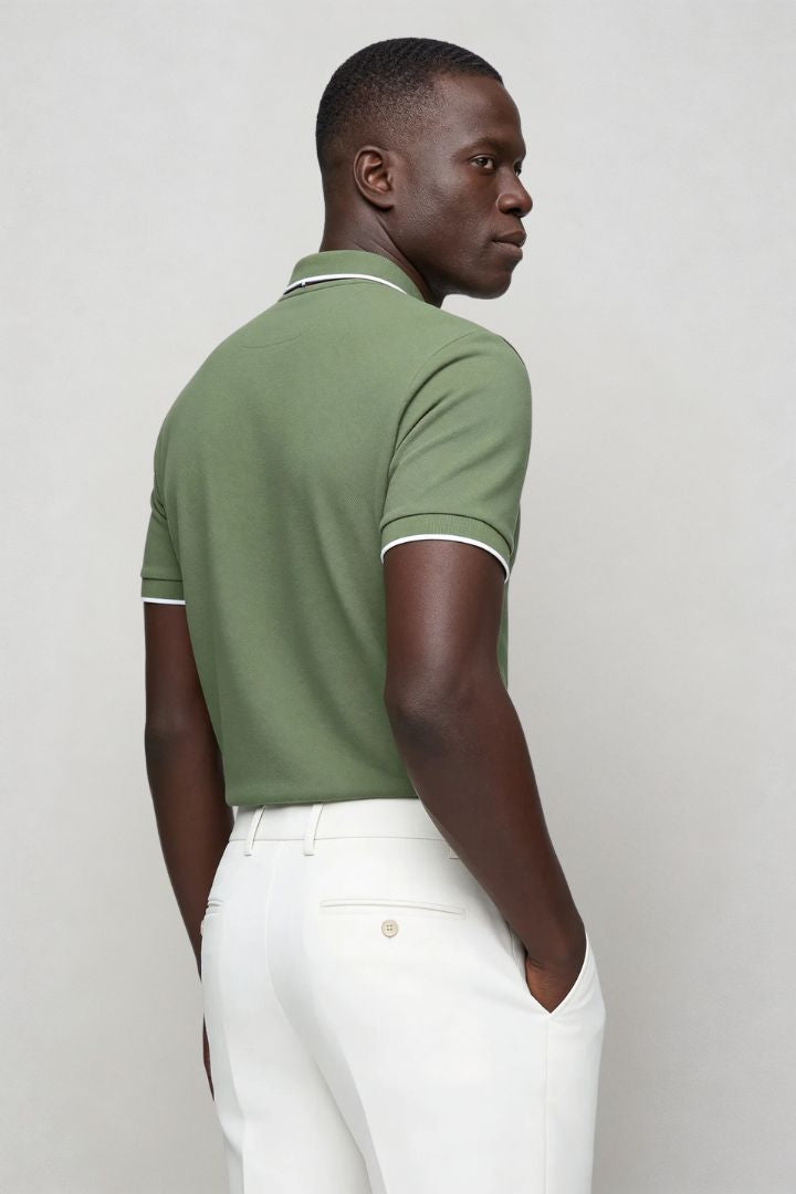 Men’s olive half zip polo shirt slim fit stretch cotton with modern zip back view