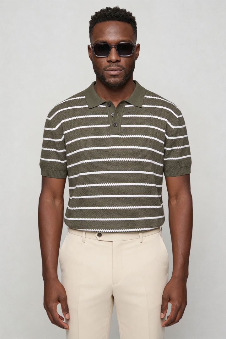 Men’s striped green knit polo slim fit viscose summer sweater polo shirt