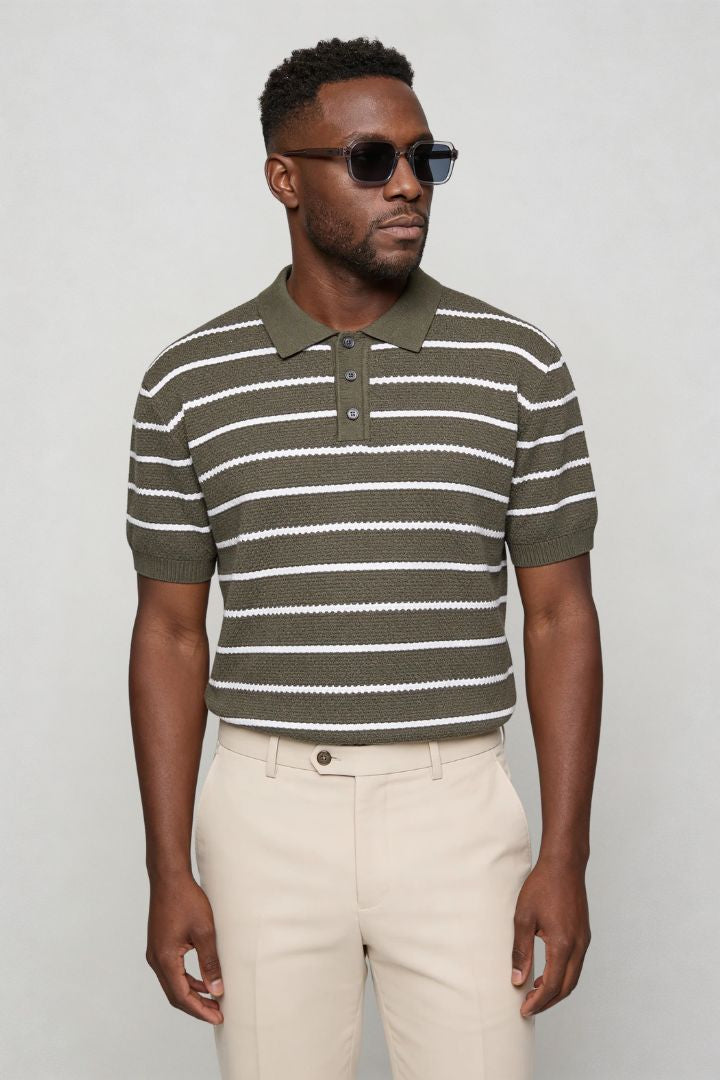Men’s striped green knit polo slim fit viscose summer sweater polo shirt side pose