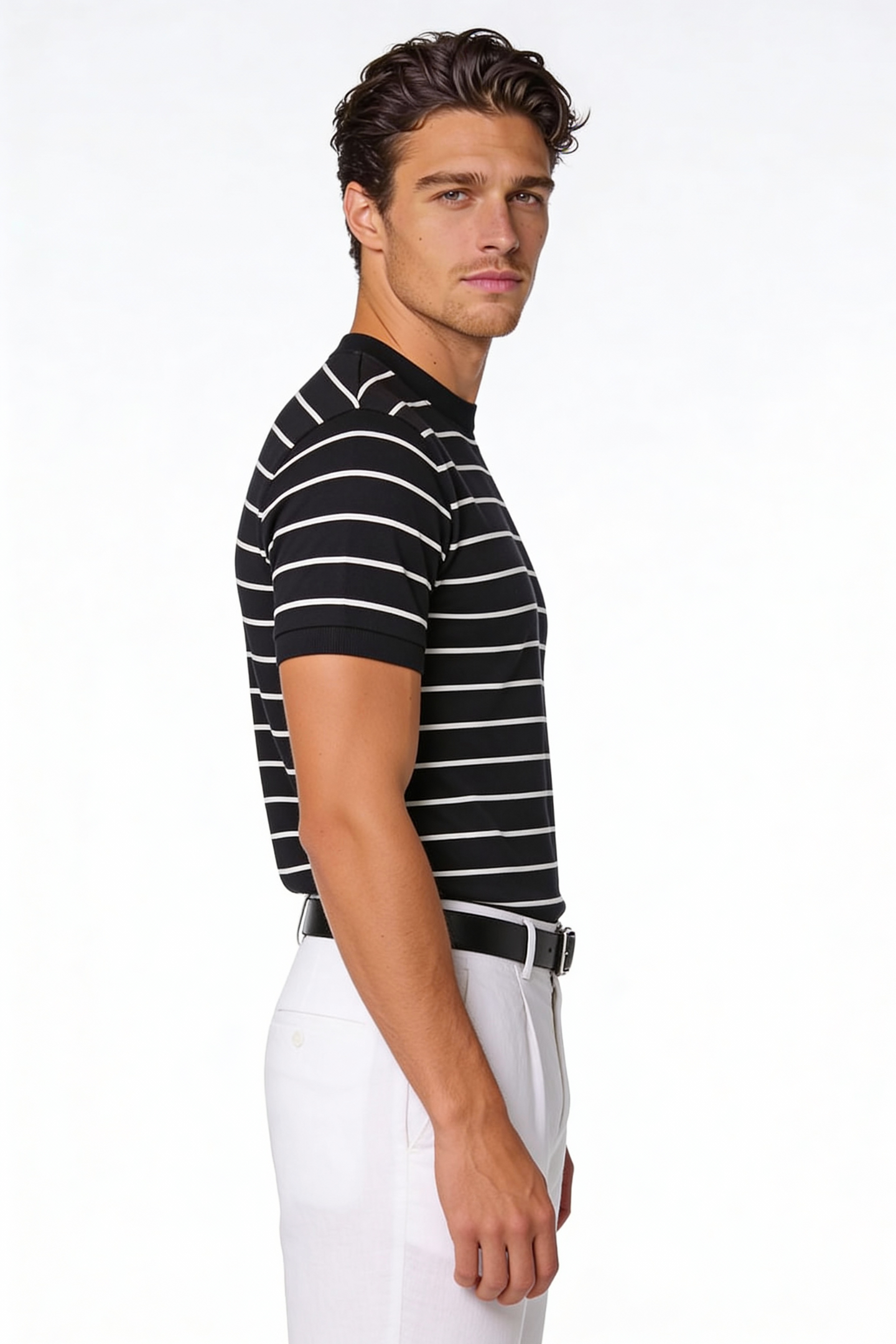 Man wearing the Blake Striped Lyocell T-Shirt with a clean striped design and lightweight fabric in a studio setting.