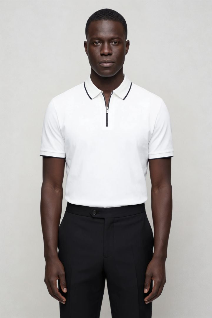 Men’s white half zip polo shirt slim fit short sleeve with contrast trim collar front view