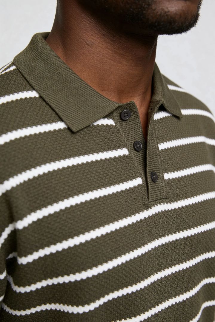 Men’s striped green knit polo slim fit viscose summer sweater polo shirt detail close up