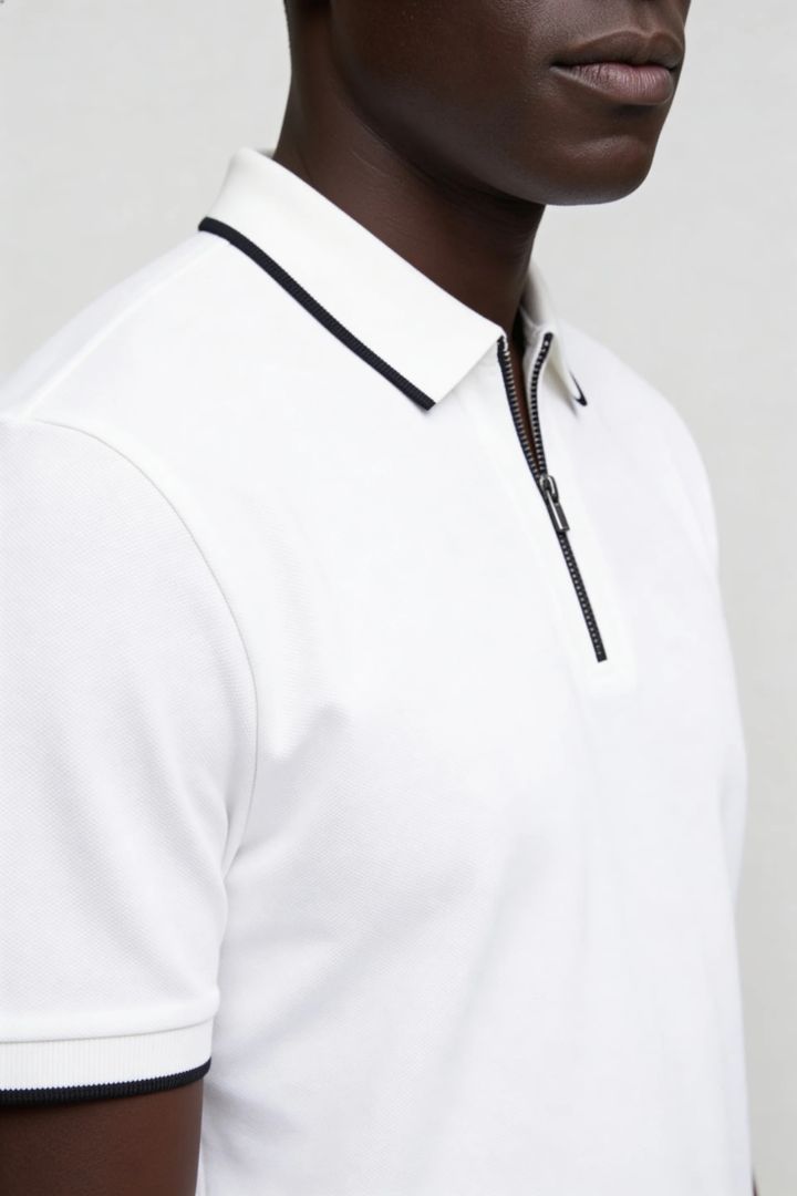 Men’s white half zip polo shirt slim fit short sleeve with contrast trim collar close-up