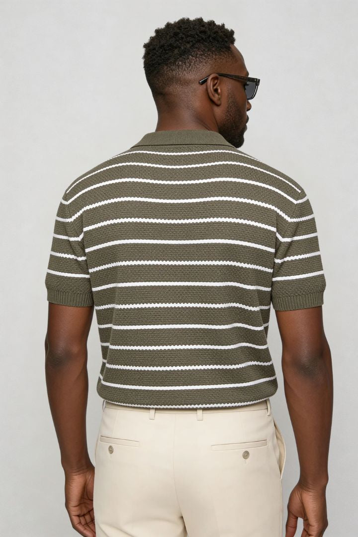 Men’s striped green knit polo slim fit viscose summer sweater polo shirt back