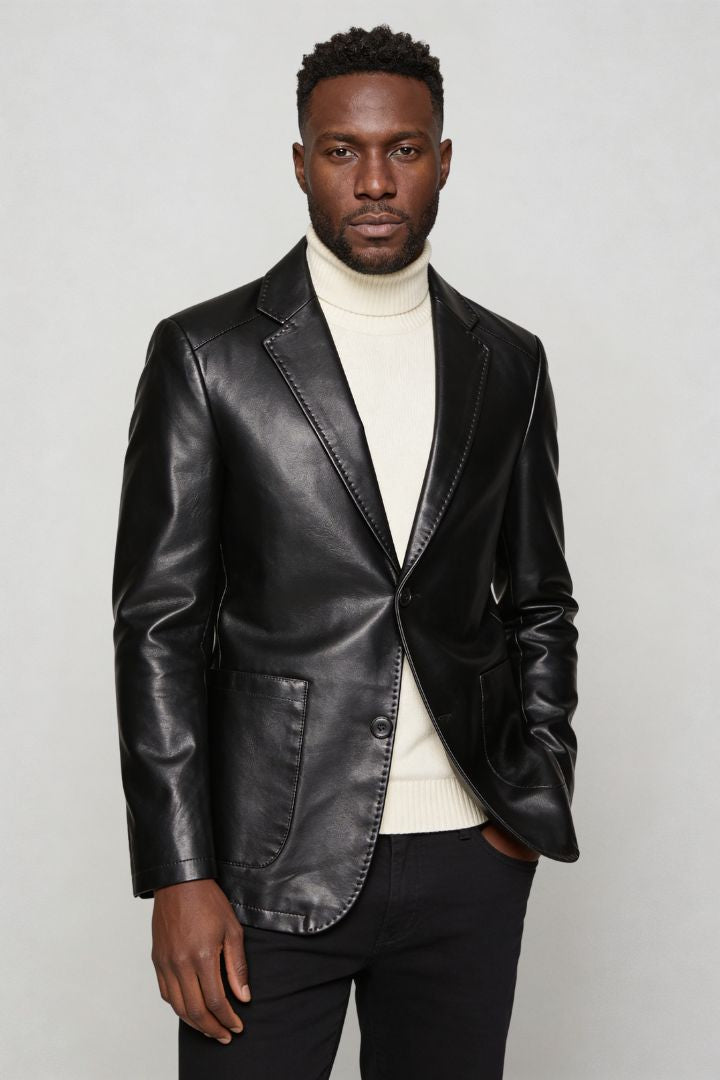 Men’s tailored vegan leather blazer slim fit structured dress jacket standing pose
