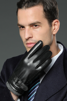 Men’s black genuine leather gloves with fleece lining and adjustable wrist strap