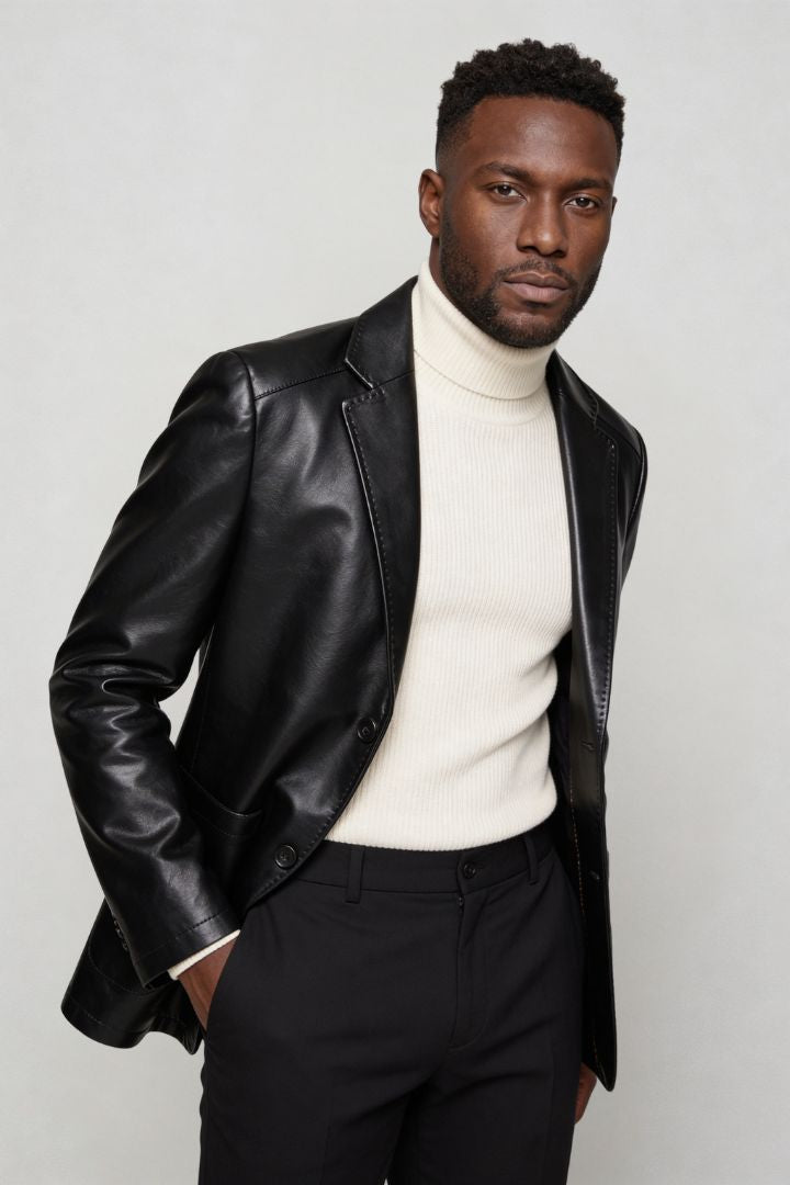 Men’s tailored vegan leather blazer slim fit structured dress jacket front pose