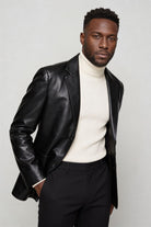 Men’s tailored vegan leather blazer slim fit structured dress jacket front pose