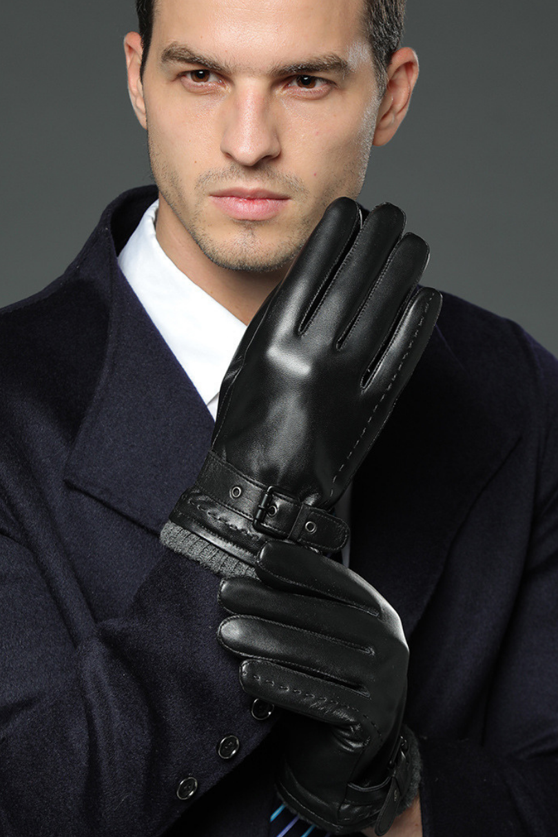 Men’s black genuine leather gloves with fleece lining and adjustable wrist strap