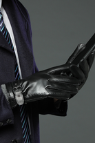 Men’s black genuine leather gloves with fleece lining and adjustable wrist strap
