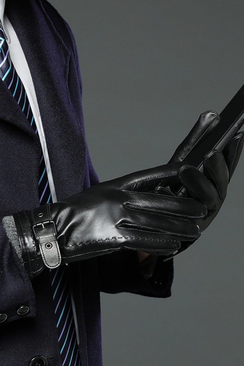 Men’s black genuine leather gloves with fleece lining and adjustable wrist strap