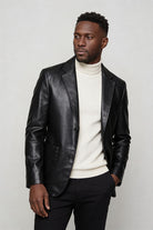 Men’s tailored vegan leather blazer slim fit structured dress jacket front