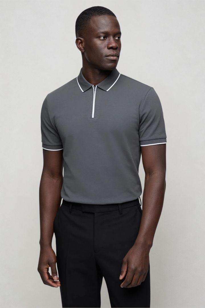 Men’s charcoal half zip polo shirt slim fit short sleeve with contrast trim collar front view
