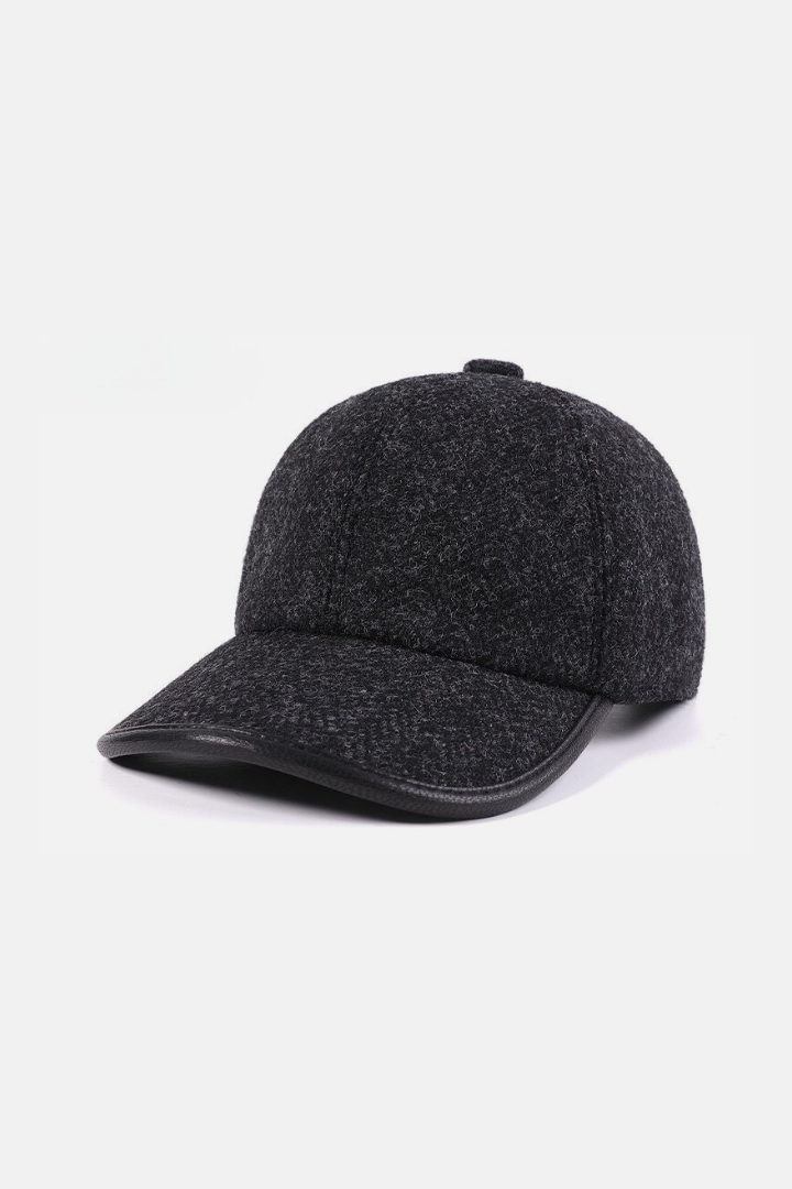 Roman pure wool baseball cap in dark tweed with adjustable leather strap for winter style