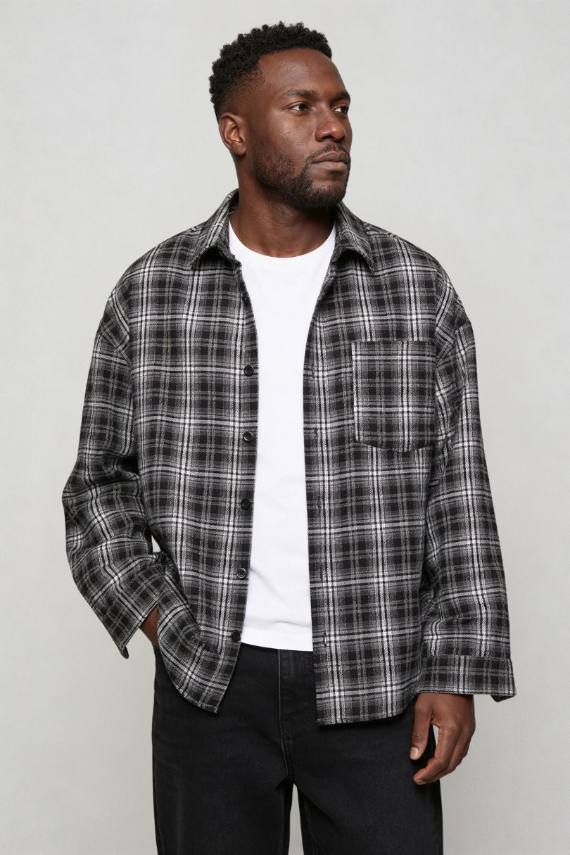 Men's black plaid button shirt worn as casual overshirt front