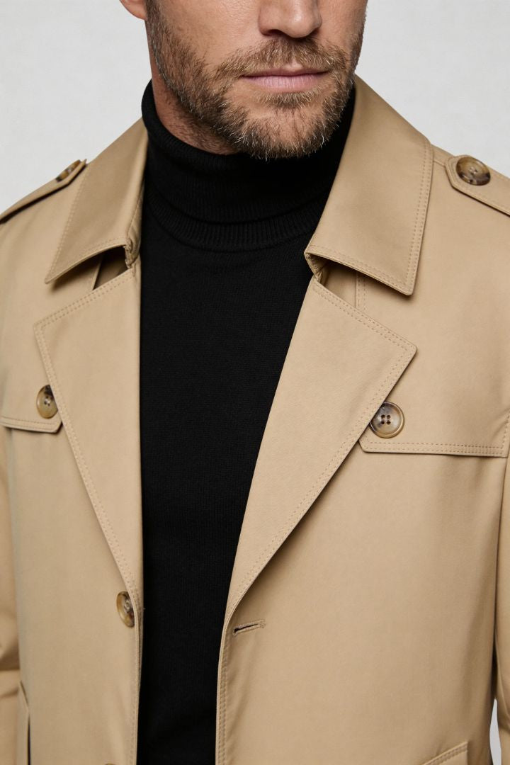 men’s beige mid-length tailored coat smart casual trench jacket structured fit close-up