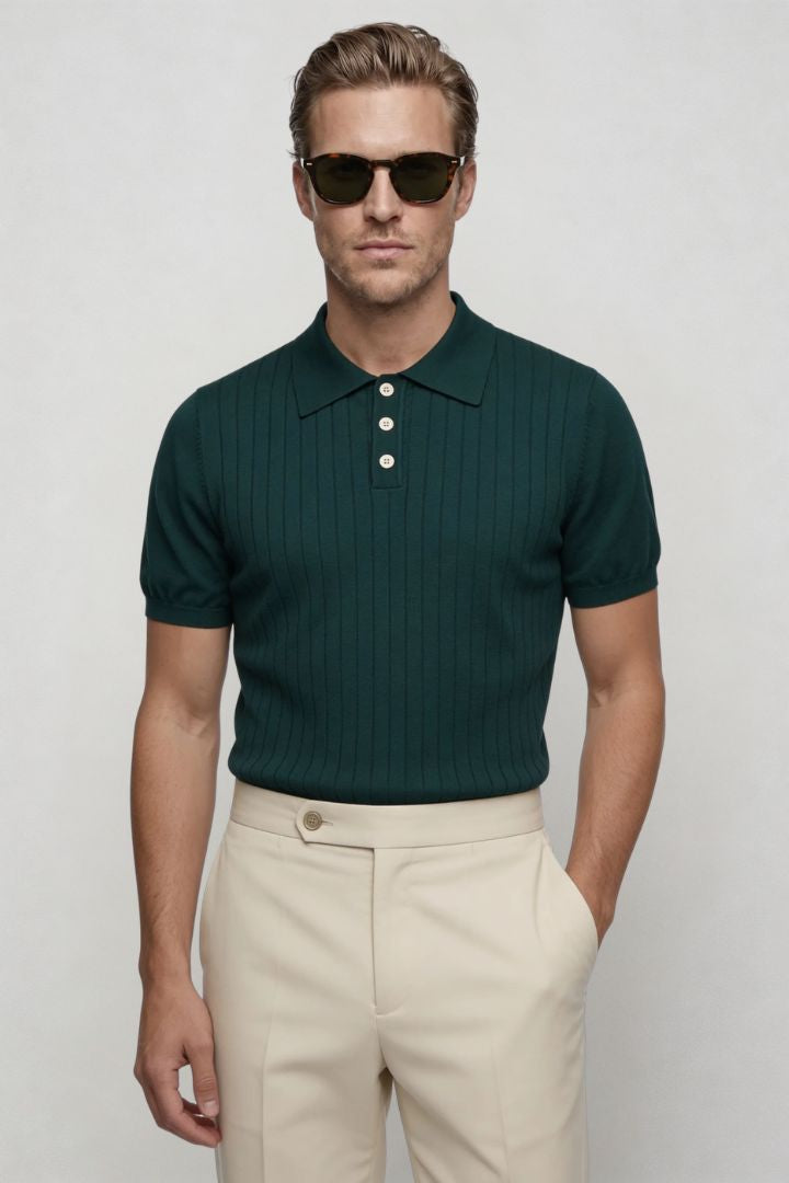 men emerald green ribbed knit polo shirt slim fit front view