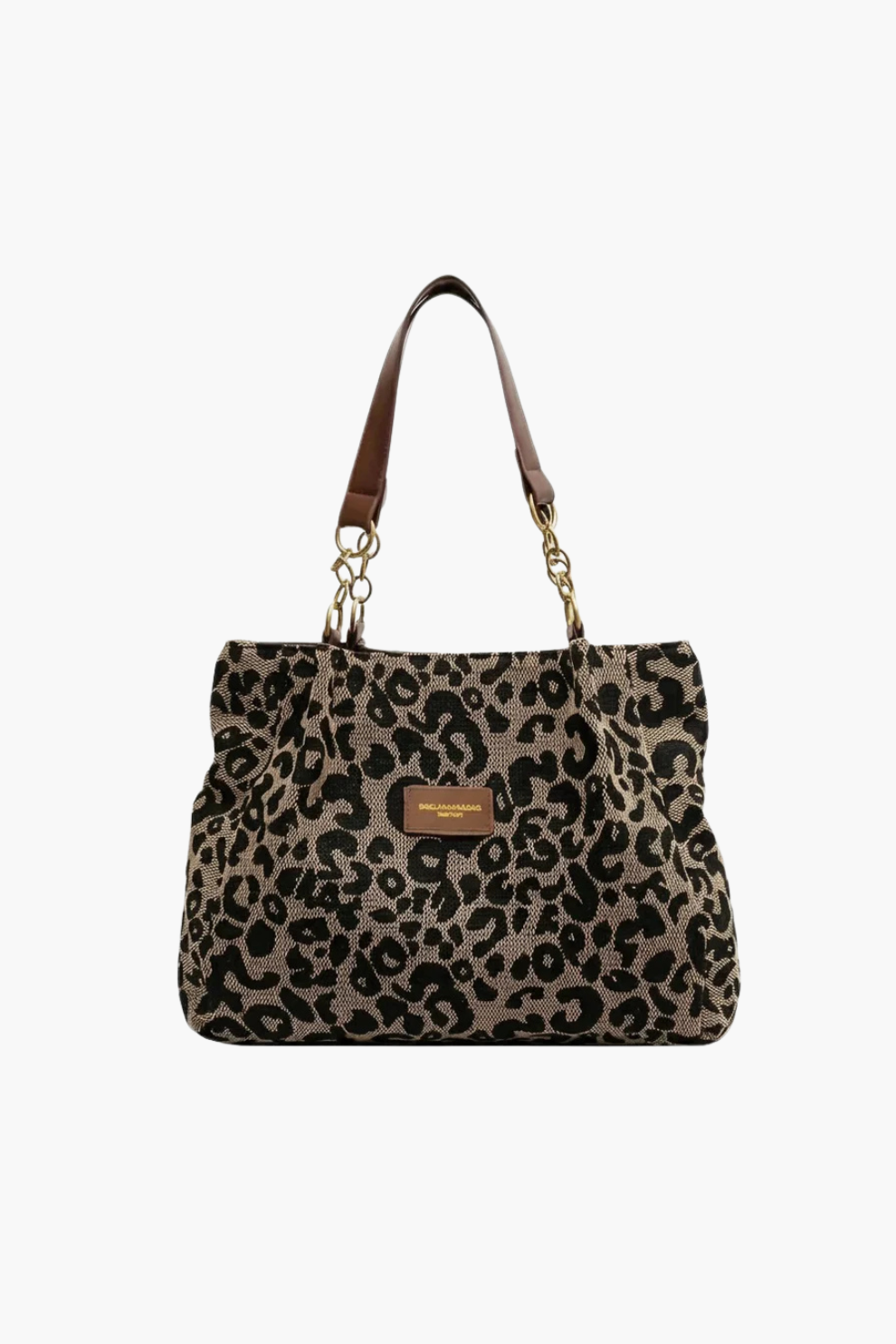 Leopard print shoulder tote bag with chain handles, brown/black