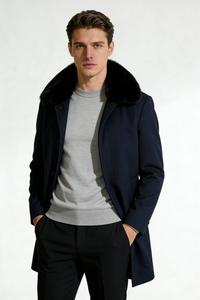 Sterling Fur Collar Wool Overcoat - Navy