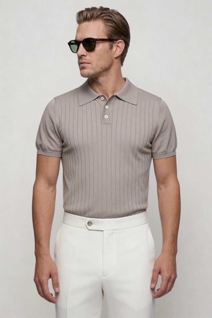 men sandstone beige ribbed knit polo shirt slim fit front view