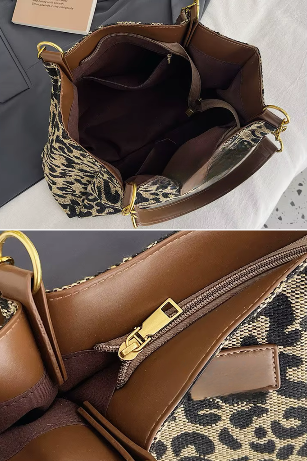 Inside of leopard tote showing center zip divider and pockets