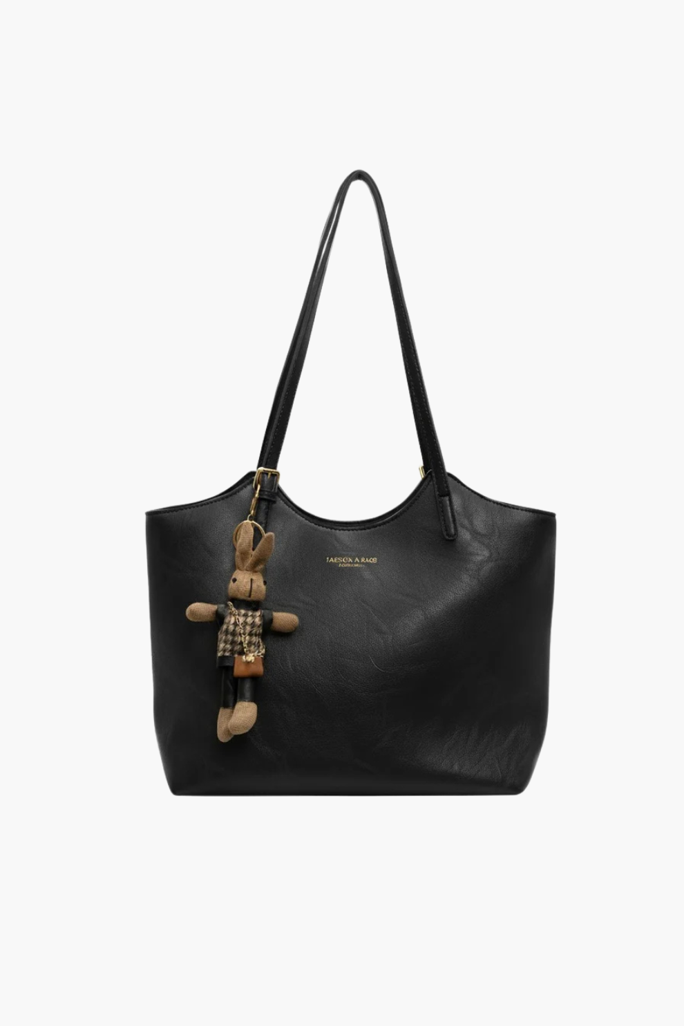 Luna women’s faux-leather shoulder tote bag in black with zip-top and gold hardware on white background