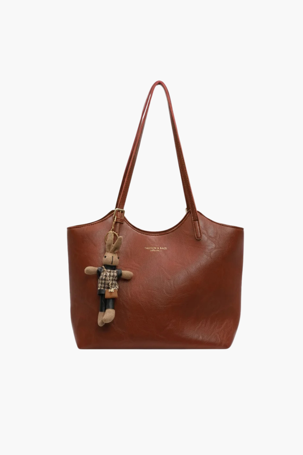 Luna women’s faux-leather shoulder tote bag in chestnut brown with zip-top and gold hardware on white background