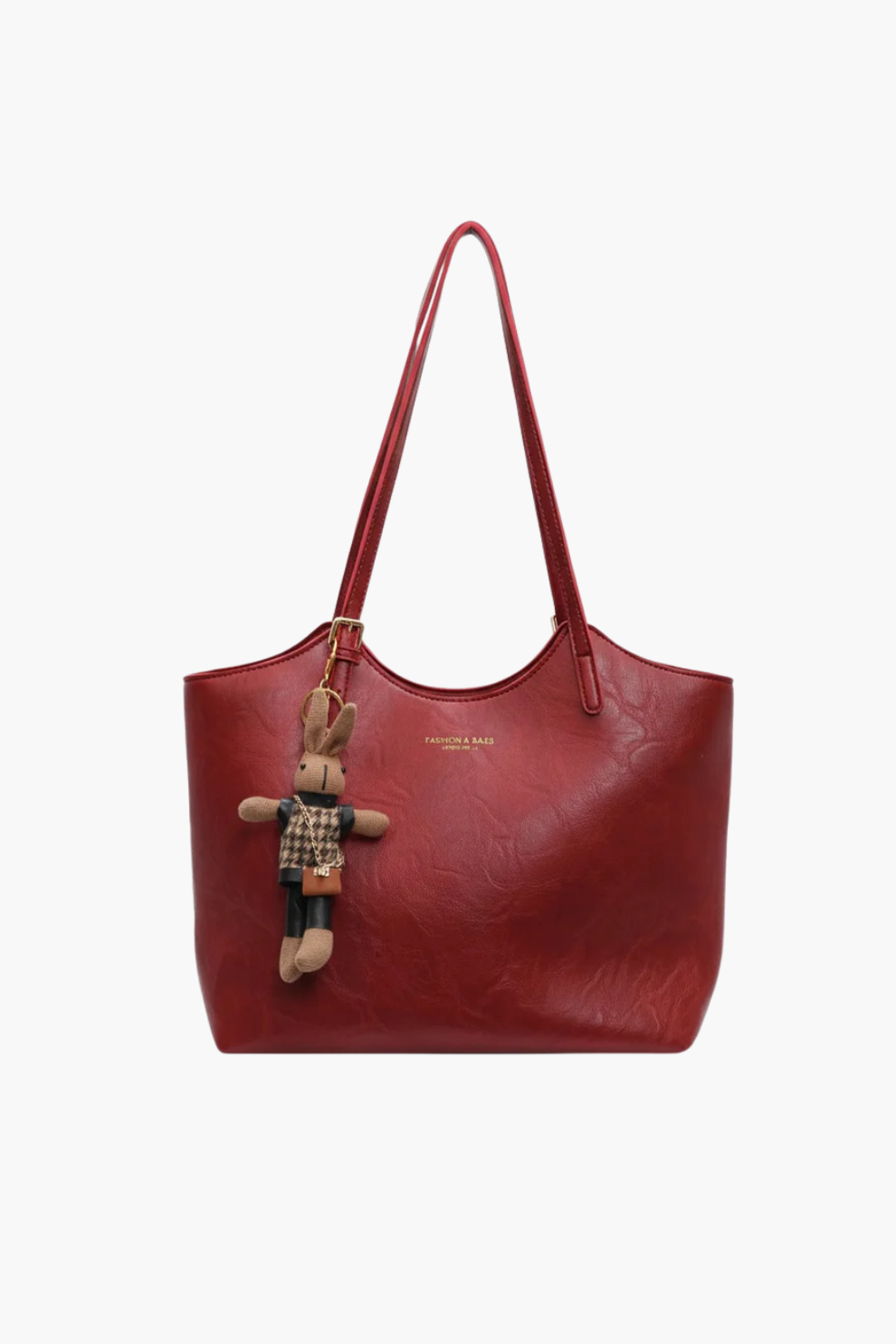 Luna women’s tote handbag in wine red with zip-top and bunny charm on white background