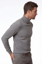 man wearing the premium men’s gray merino wool turtleneck sweater from Lavencio