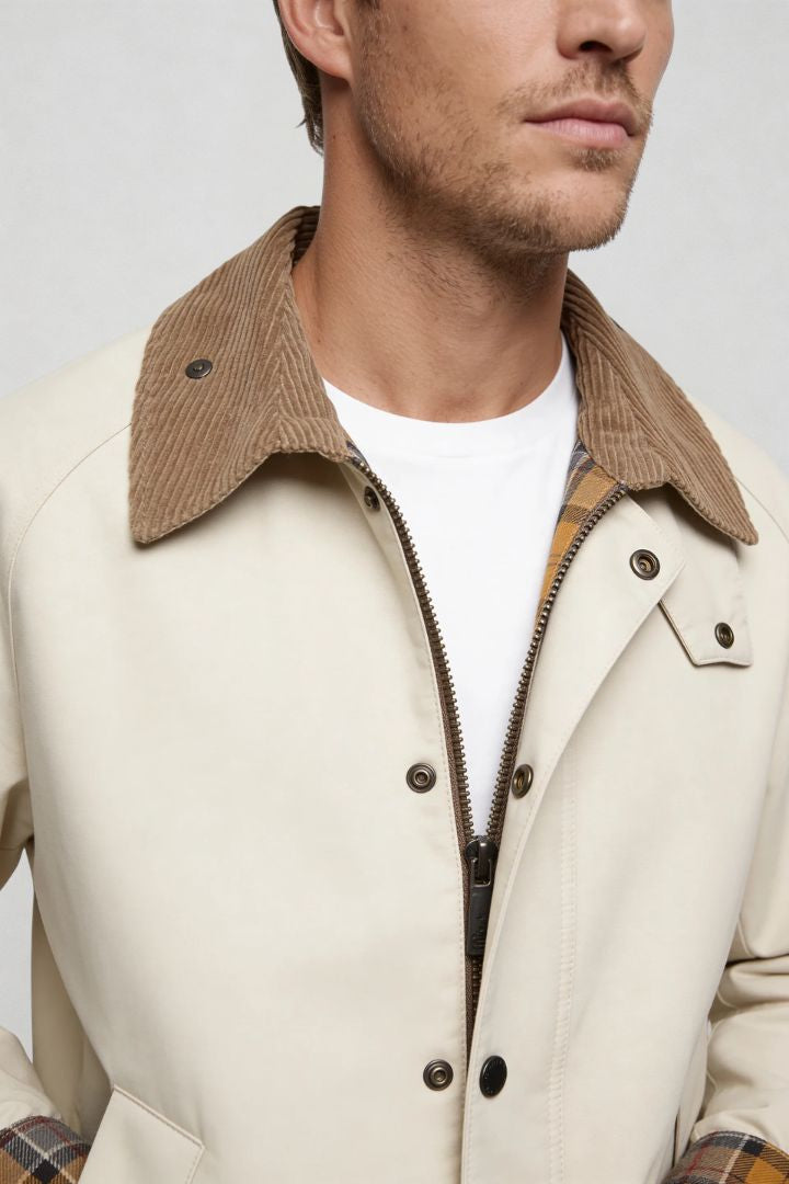 men ivory corduroy collar barn jacket close-up