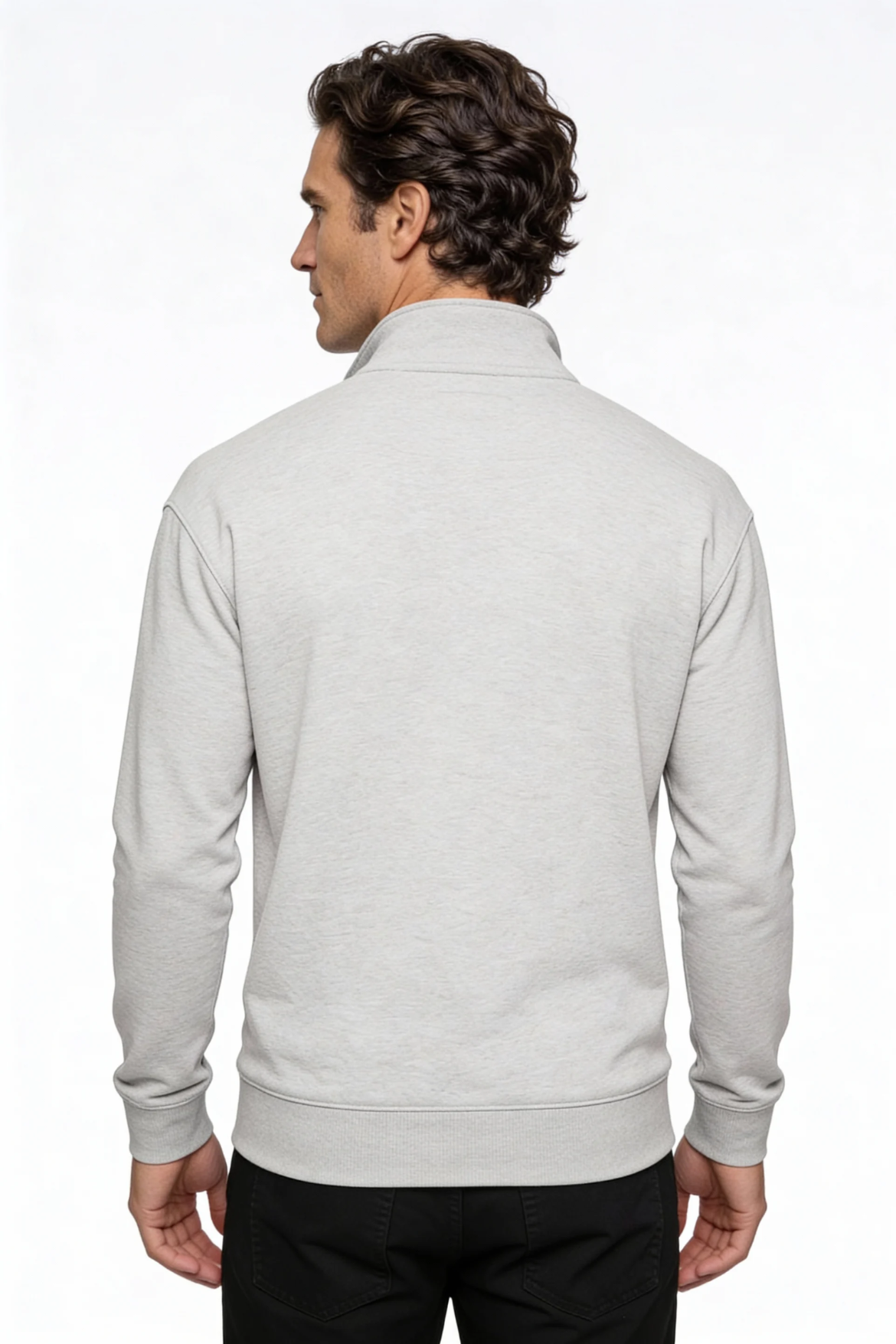 Man wearing a light gray jacket on a white background