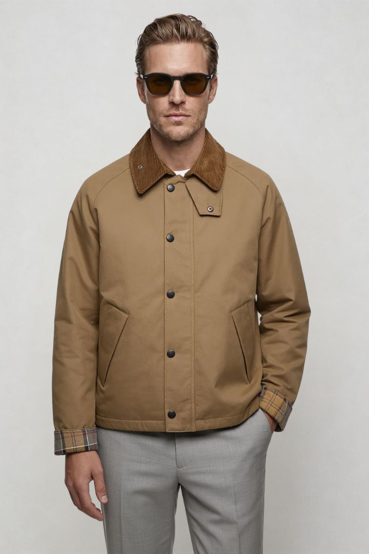 men camel beige corduroy collar barn jacket front view