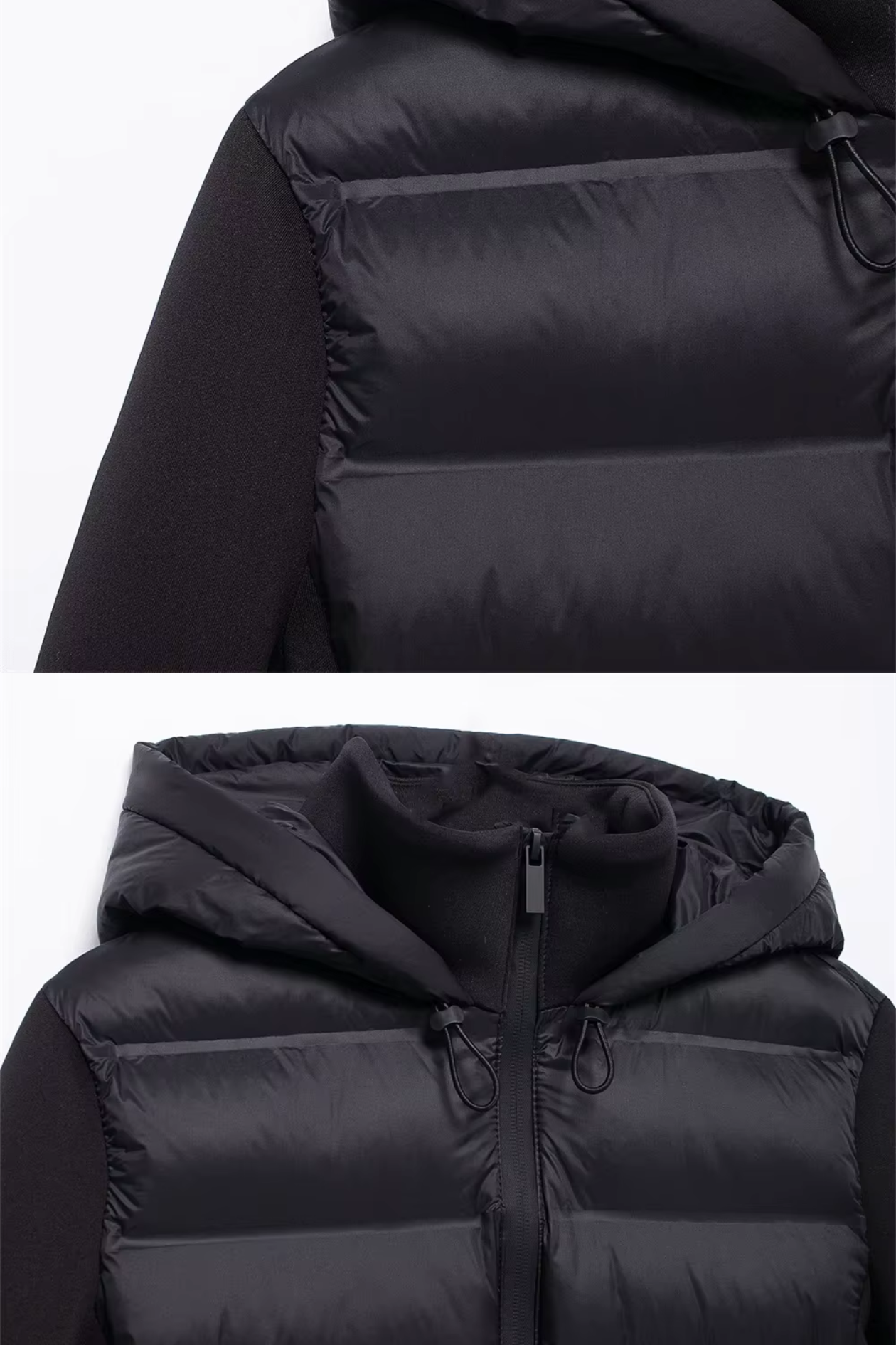 Black puffer jacket with a hood on a white background