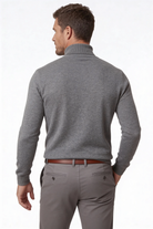 man wearing the premium men’s gray merino wool turtleneck sweater from Lavencio