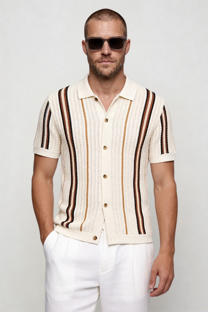 Men's ivory textured knit polo shirt breathable viscose summer shirt with vertical stripes design