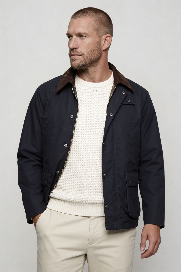 Lavencio Men’s cotton field jacket with corduroy collar and utility pocket design navy front