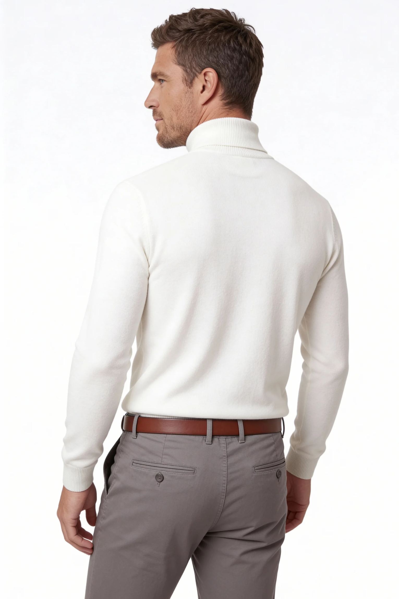 Men’s white merino wool turtleneck sweater back view
