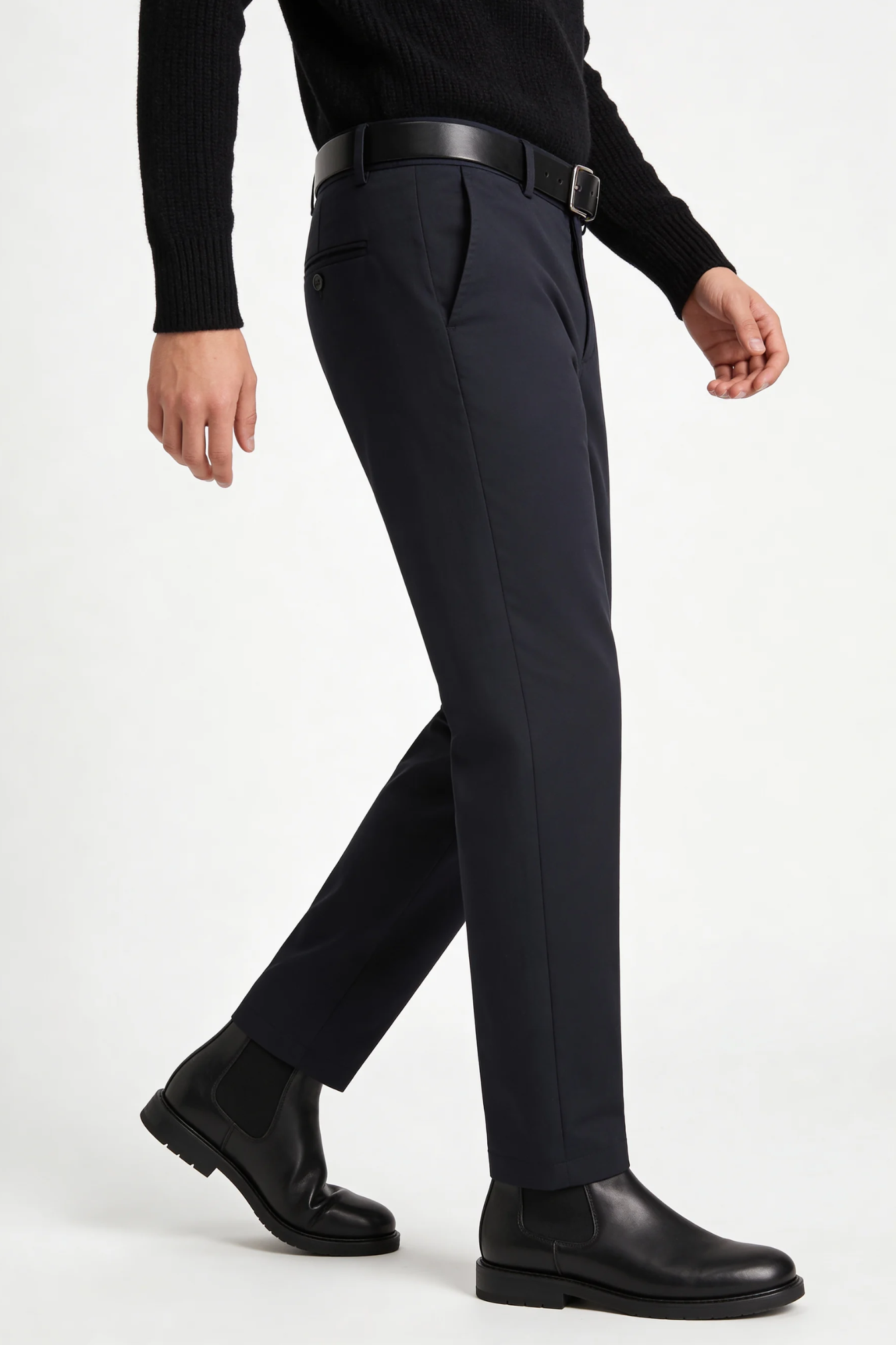 Modal posing with a navy tailored stretch trouser of Lavencio