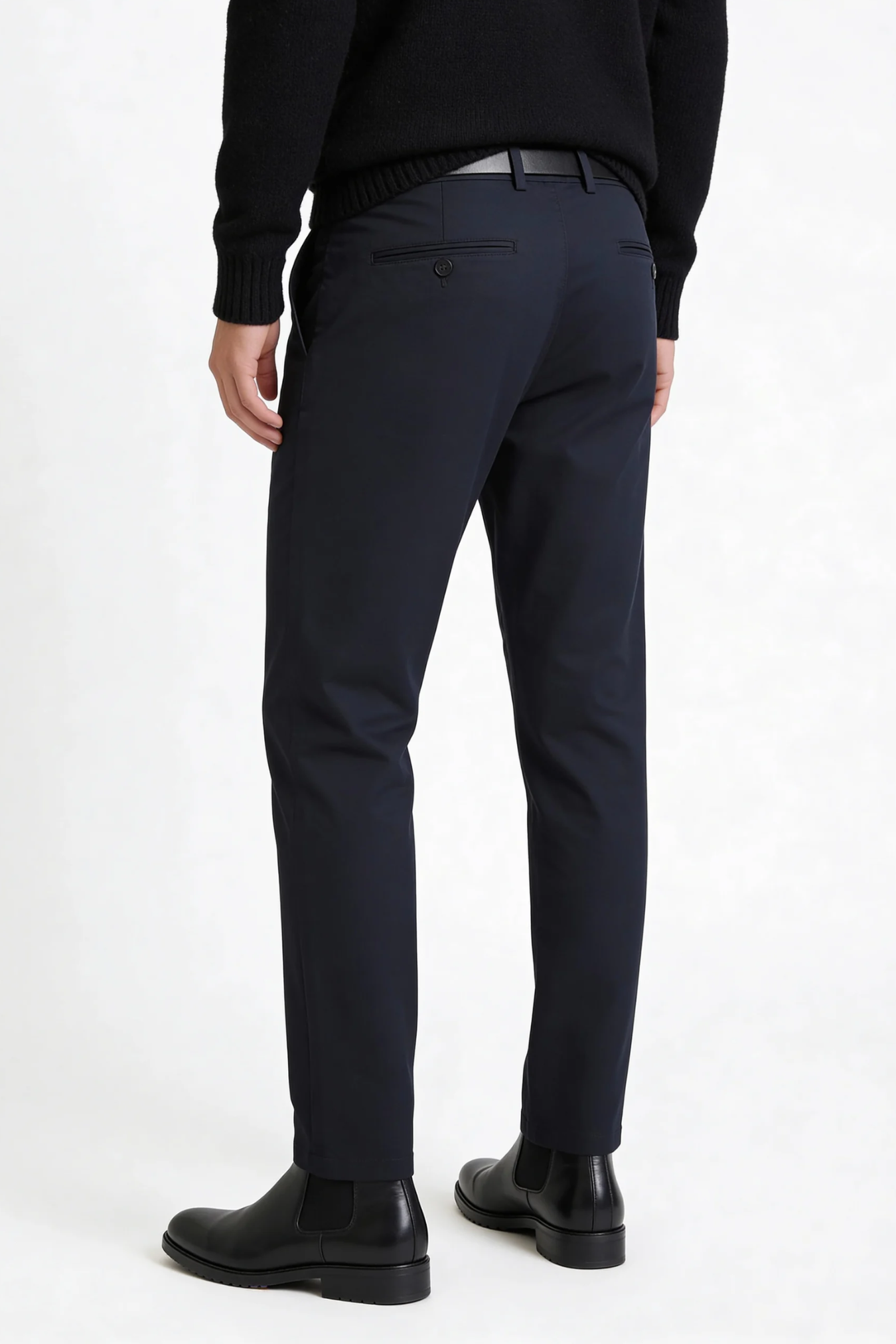 Modal posing with a navy tailored stretch trouser of Lavencio