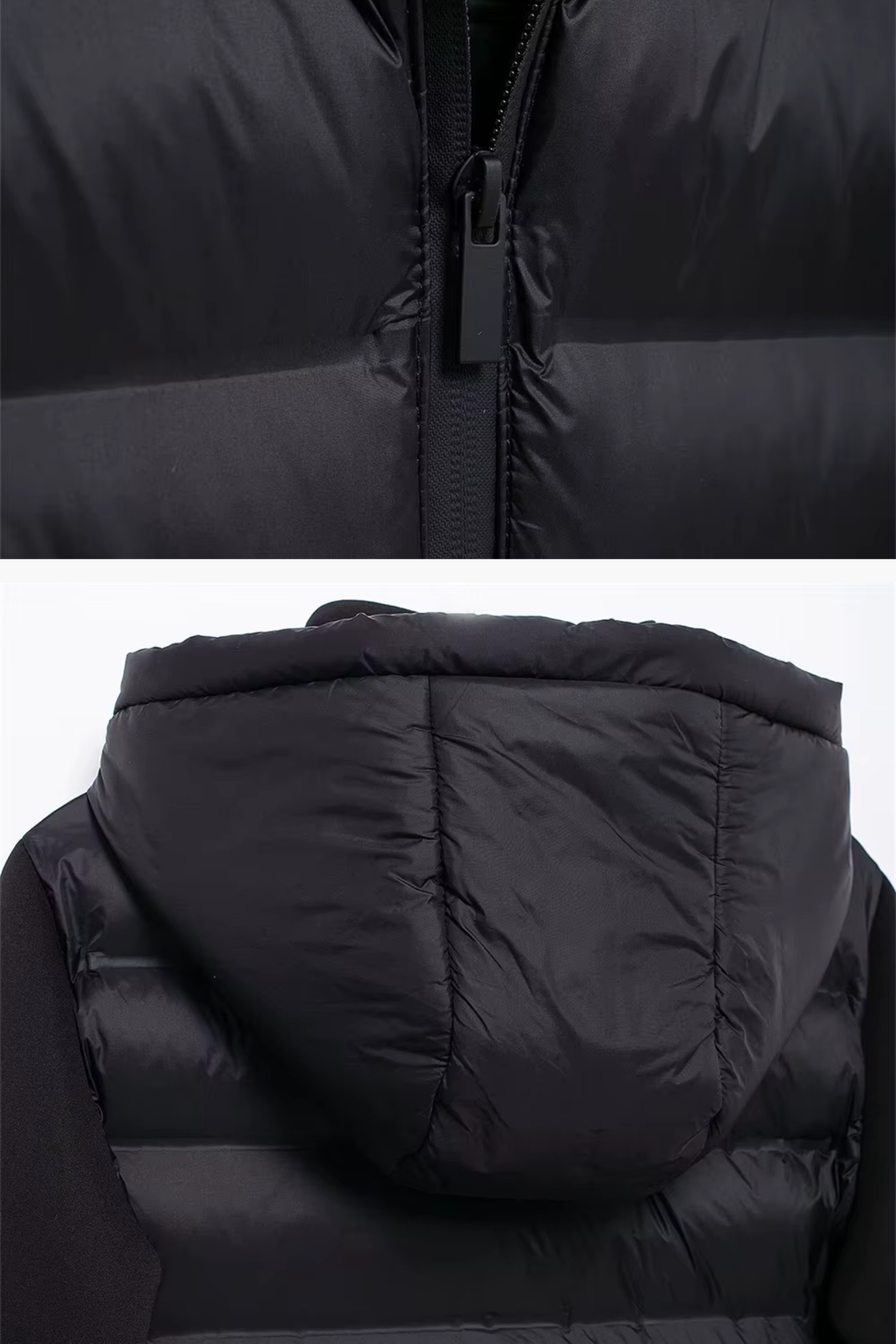 Close-up of a black puffer jacket with a zipper and hood on a white background