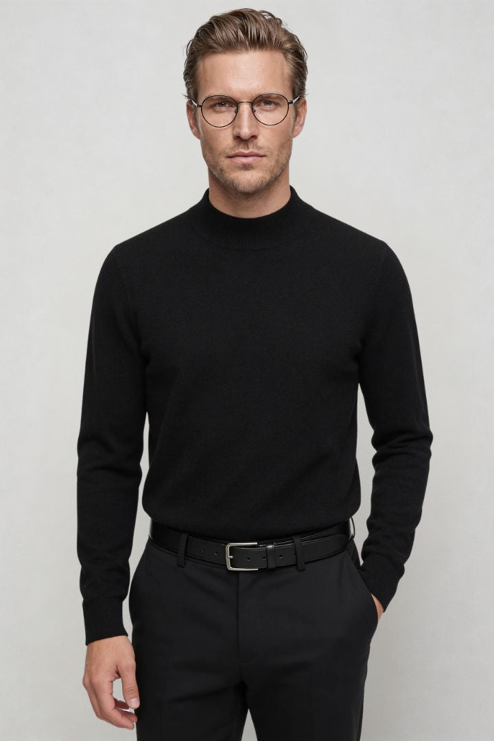 men’s black 100% wool crewneck sweater lightweight smart casual pullover front view