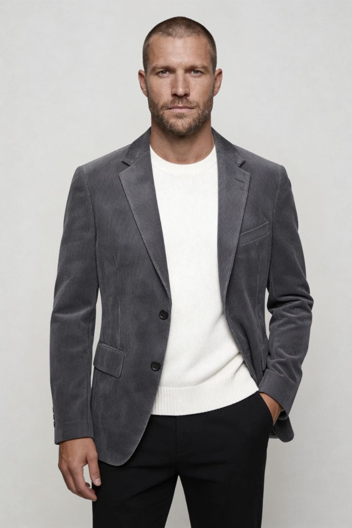 Lavencio Men’s slim fit gray corduroy blazer with notch lapel and two-button closure