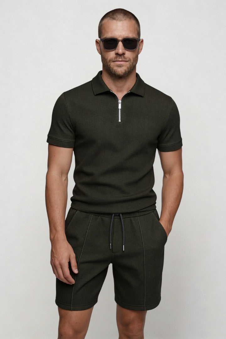 Men's black waffle knit polo set breathable textured summer shirt and shorts matching outfit