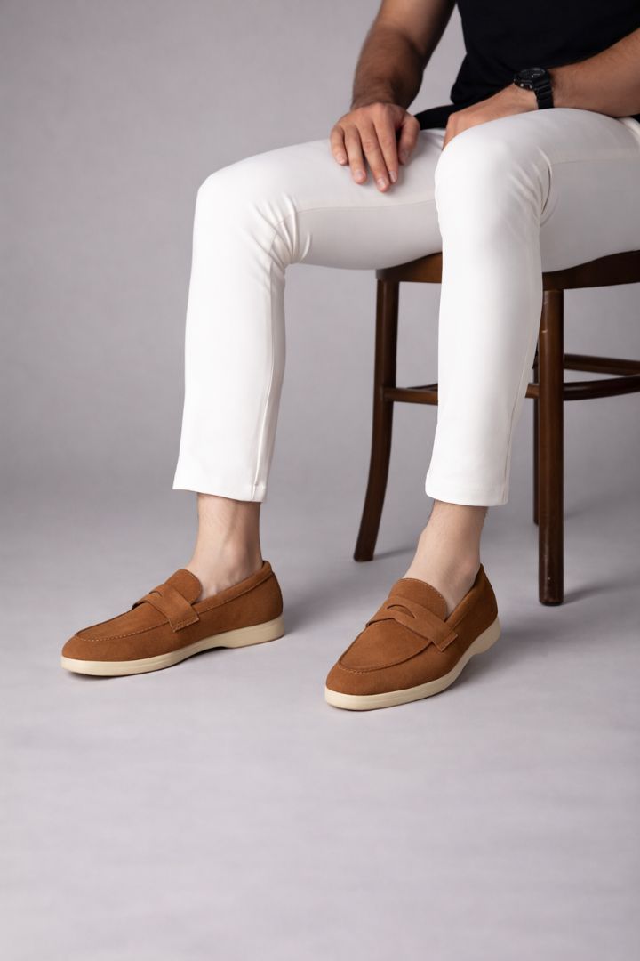 mens brown suede penny loafers premium slip on loafers pose 