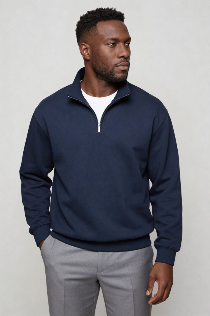 Lavencio Men’s navy quarter zip cotton sweater with tailored slim fit and metal zipper detail