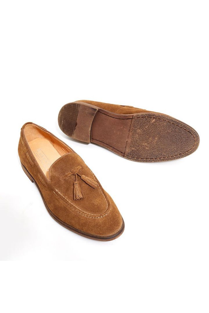 Marcellin suede tassel loafers for men in cognac suede with classic tassel detail and leather lining back view