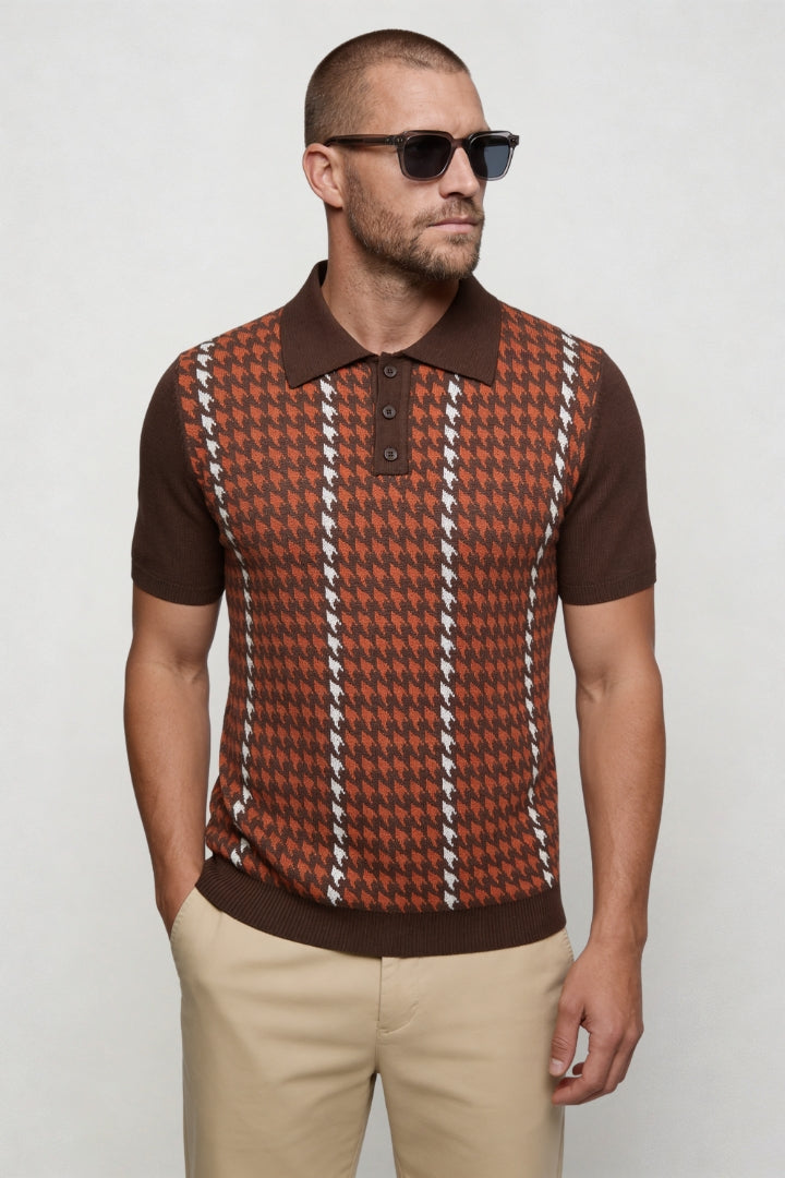 Tate Houndstooth Knit Polo - Brown