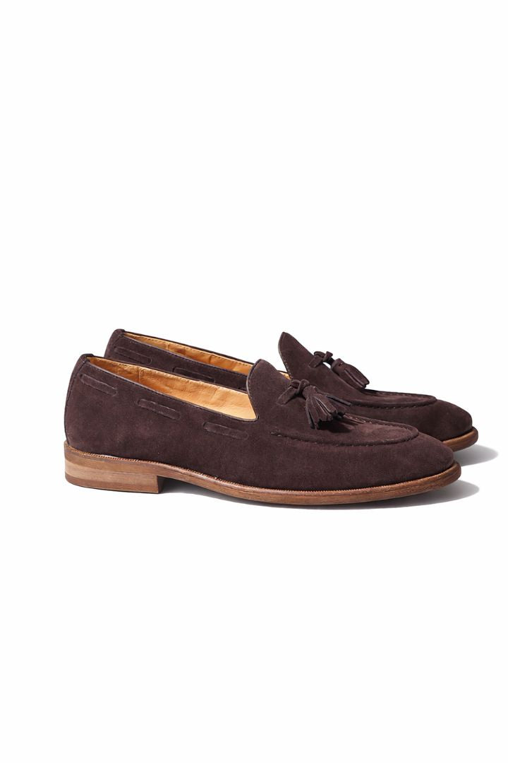 Marcellin suede tassel loafers for men in espresso suede with classic tassel detail and leather lining front view