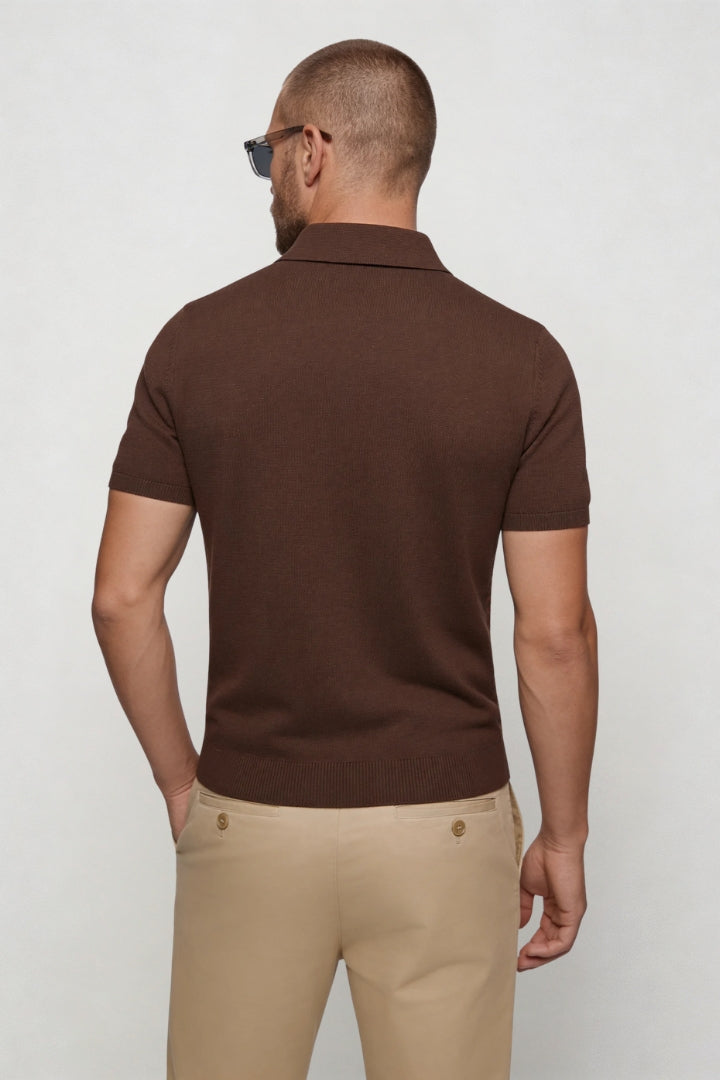 Tate Houndstooth Knit Polo - Brown