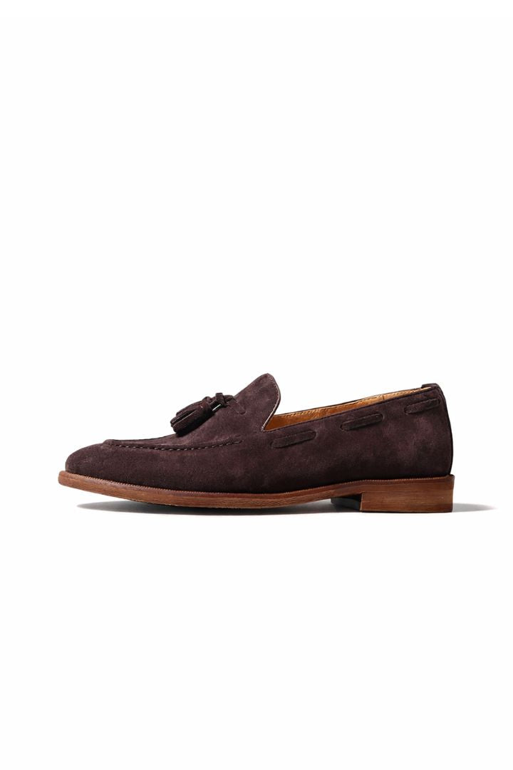 Marcellin suede tassel loafers for men in espresso suede with classic tassel detail and leather lining side view